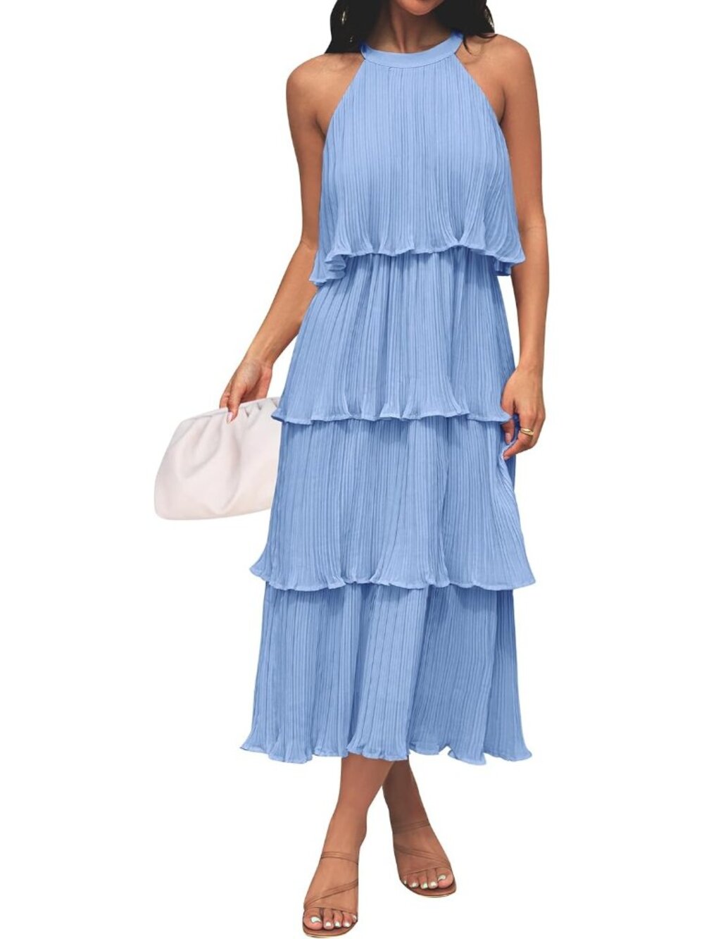 Women's Light Blue Summer Halter Ruffle Sleeveless Wedding Guest Midi Dresses